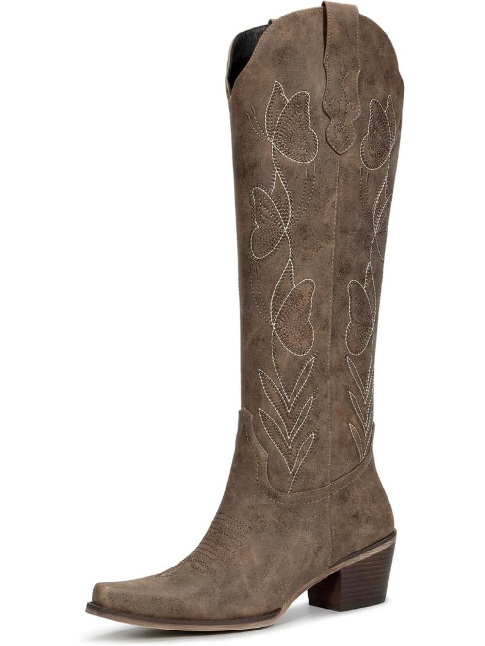Women's Knee High Cowgirl Boots Western Boots with Pointed Toe Taupe Brown - Picture 1 of 6